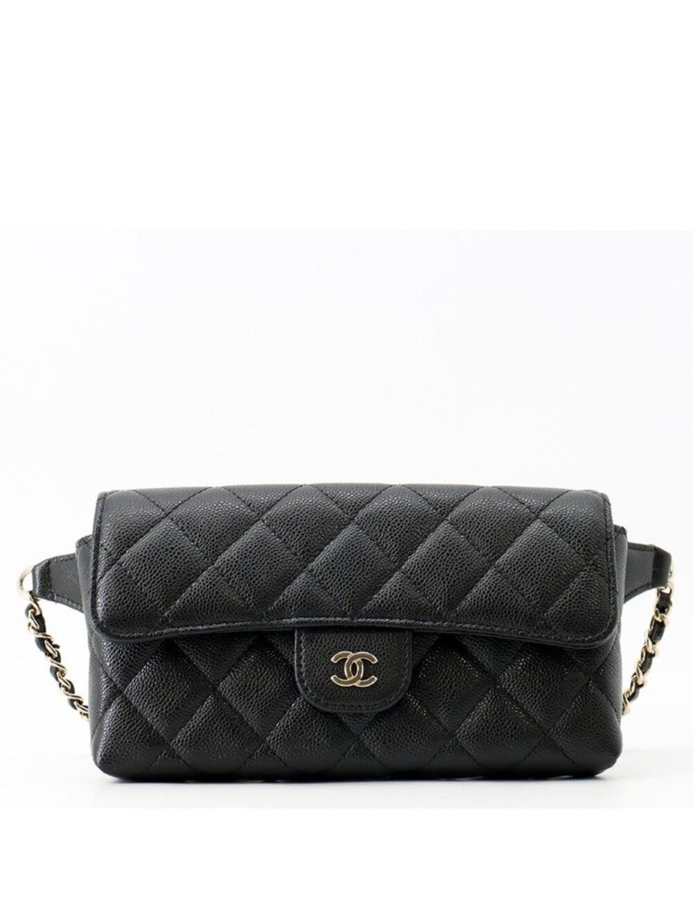 Chanel Belt Bag CC Logo Quilted Chain Caviar Leather Black